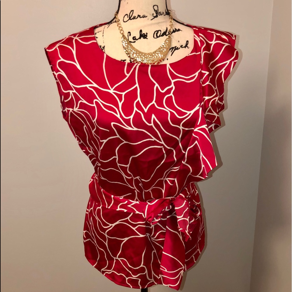 Women's XS Red White Abstract Print Ruffle Sleeve Tie Waist Blouse Top